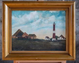 A painting depicting a coastal lighthouse motif by unknown artist J. A. Carlsen, dated 1911. Set in a gold-gilded frame. Signed and dated in the bottom left corner.