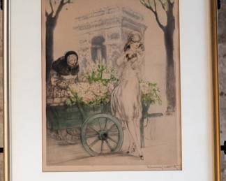"Flower Seller" original hand signed dry-point etching by listed artist, Louis Icart circa 1928. Professionally framed under glass. Louis Justin Laurent Icart was a French painter, graphic artist, and illustrator.