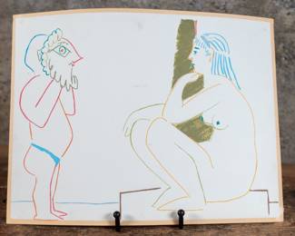 "The Human Comedy 29.1.54.III" an after Picasso lithograph of "Picasso and The Human Comedy. A Suite of 180 Drawings by Picasso" made by listed artist Pablo Picasso of Spain in 1954. Picasso (1881-1973) is one of the greatest and most influential artists of the 20th century, known for his painting, sculpture, and print making and is credited with the creation of the Cubism movement.