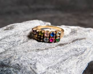 10K yellow gold ring with multiple colored stones. Approx. weight is 4.65 grams and is a size 7.