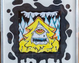 "Cyclops Squatch" original framed artwork by listed artist, Randy Jones. Signed and dated by the artist. Better known in the art world as JonezyArtwork, Jones has been creating artwork since the 1990s and started exhibiting his work in galleries all over the world in early 2004. To date, Jones has sold over 1,000 paintings.