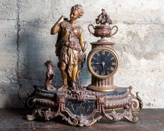 Antique French clock with intricate detail throughout, circa 19th century. Minor wear throughout, but in good overall condition. Untested.