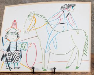 "The Human Comedy 30.1.54.II" an after Picasso lithograph of "Picasso and The Human Comedy. A Suite of 180 Drawings by Picasso" made by listed artist Pablo Picasso of Spain in 1954. Picasso (1881-1973) is one of the greatest and most influential artists of the 20th century, known for his painting, sculpture, and print making and is credited with the creation of the Cubism movement.