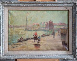 "On the Quay" original artwork on canvas by listed artist, Oskar Koch. Koch (1886-1914) was a well-known venduta painter who flourished around 1900. This work of art comes in a period appropriate frame and has seen some wear. See photos.