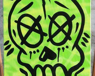 "Green Skully" original artwork on canvas by listed artist, Randy Jones. Better known in the art world as JonezyArtwork, Jones has been creating artwork since the 1990s and started exhibiting his work in galleries all over the world in early 2004. To date, Jones has sold over 1,000 paintings.