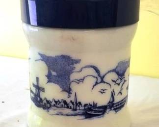 710 - Blue & White Jar w/ plastic lid 6.5" tall
