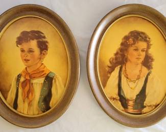 614 - Pair of Round Framed Prints - Chiko & Elena 14.5 x 11.5
