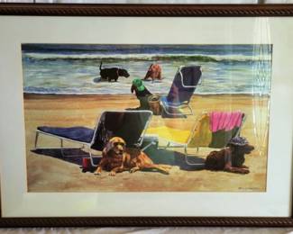 764 - Framed signed Print of Dogs on Beach - 25 x 36
