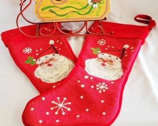 567 - Pair Needlepoint Santa Stockings & Sleigh - 9.5 x 13
