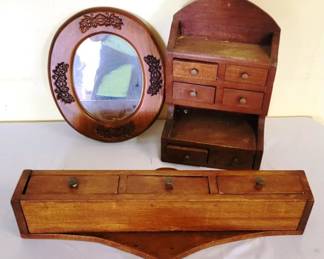 698 - Wood Wall Hangings Mirror, 3-Drawer Shelf & Box w/ 6 small drawers Box is 14.5 x 8.5"
