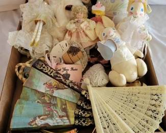 752 - Box Lot of Assorted Items to include fans & dolls
