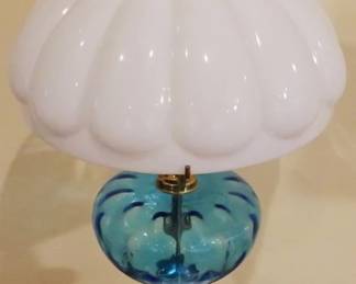 12 - Fenton Blue Coin Dot Lamp w/ Milk Glass Shade/Base 21" tall You are buying a used as-is electric/electronic item. We do not guarantee all components are present, and if it is not expressly stated, it is untested.
