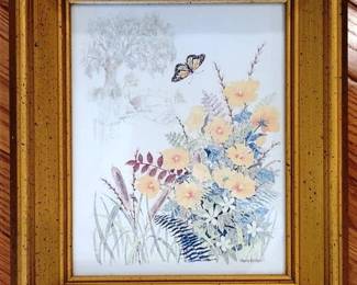 606 - Small Framed Floral/Butterfly Print - 13 x 11
