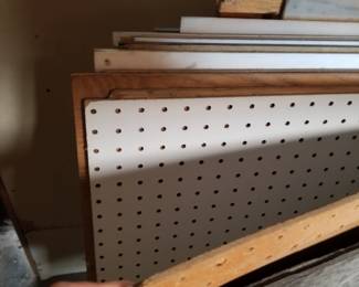 8x8 pegboard, plexiglass, panels. also 4x4 pieces. All 1/8-1/2" thick. Also bolts of heavy duty polyester fabric & Office cubicle/sound dampening panels