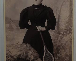 CABINET PHOTOGRAPH OF A WOMAN WITH EARLY STYLE TENNIS RACKET