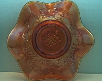 NORTHWOOD 6 1/2" CARNIVAL BOWL POPPY VARIANT PATTERN MARIGOLD