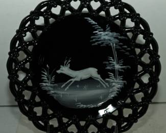 VINTAGE WESTMORLAND ENAMELED OBSIDIAN BLACK GLASS [MARY GREGORY] PLATE