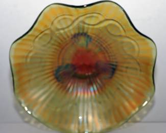 NORTHWOOD STRIPED RAY BEADED CABLE FOOTED CARNIVAL GLASS BOWL