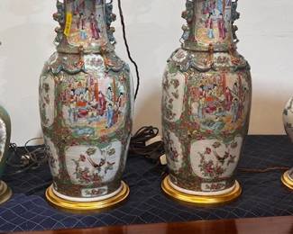 Pair Chinese Famille Rose Mandarin Porcelain Table Lamps . From a Juan Pablo Molyneux Design Project. Purchased at Sotheby's.
24” h x 8.5w 