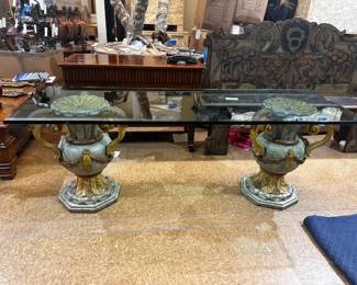 Italian Baroque Style Polychrome Painted Pedestals with 1" glass top. From a Juan Pablo Molyneux Design Project. Purchased at Sotheby's.
83 w x 28 d 30 h x 1” thick glass