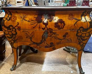 4 ft w 
23 d 
41 h 
marquetry chest w hand painted work 