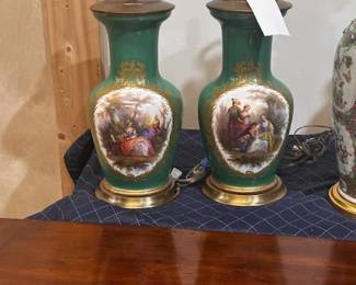 Pair French Louis XV Style Green-Ground Porcelain Table Lamps.  From a Juan Pablo Molyneux Design Project. Purchased at Sotheby's.
17h x 8” w 