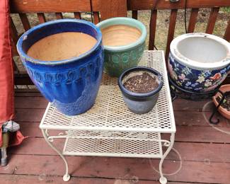 Metal patio table and pots