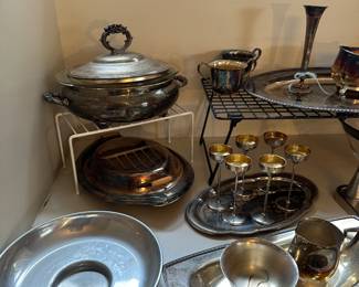 Lots of vintage silver serving pieces! Plate and STERLING! (This pic is all silver plate!)