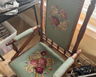 Outstanding Victorian Antique needlepoint Wooden  Platform Rocking Chair!