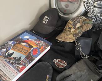This ENTIRE table is filled with Harley Davidson items! Clothes, Parts, Accessories!