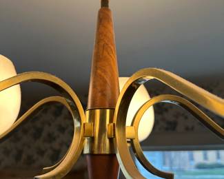 MODERN CHANDELIER! 5 Arms in brass connected to a wooden center! NEAR MIGT and works perfectly! Will be taken down at the END of the sale! (WE NEED THE LIGHT!) Just a stunning piece!