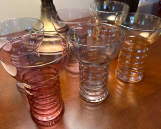 Throughout the house are superb MCM accessories! Here is a set of six 1930's Dunbar Aramis 4 Ringed Iridescent Luster Glasses! SUPERB!