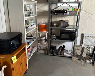 Nice microwave cart, two microwaves, and more small kitchen appliances!