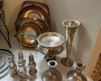 Lots of vintage silver serving pieces! Plate and STERLING! (The 9 pieces at the down right corner are all STERLING!)