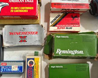 Here is a collection of gun supplies and ammo! Magazines, Gun Cleaning Kits, Holsters, Bullets of different calibers, shells, etc... THESE ARE NOT ON THE PREMISES AND WILL BE REMOVED EACH NIGHT OF THE SALE! THERE ARE NO FIREARMS OF ANY KIND AT THIS SALE!