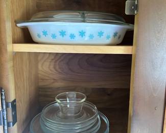 As at every estate sale, we have a wide selection of everyday housewares! Very Nice Vintage Pyrex Blue Snowflake Covered Casserole Dish!
