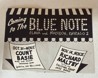 This is a 5x7 advertisement for the Blue Not Jazz Club in Chicago! That itself is cool, advertising Count Basie! BUT - it is AUTOGRAPHED BY HIM TOO! IN EXCELLENT VINTAGE CONDITION!