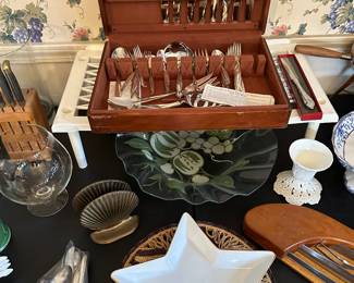 Back in the dining room for a banquet table full of vintage china, silverware and assorted tchotchkes!