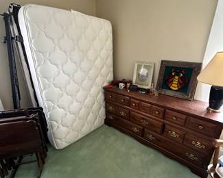 Nice full-size bed! Clean and complete! Also a very nice wooden dresser! All the furniture is PRICED TO MOVE!