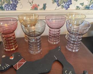 Throughout the house are superb MCM accessories! Here is a set of six 1930's Dunbar Aramis 4 Ringed Iridescent Luster Glasses! SUPERB!