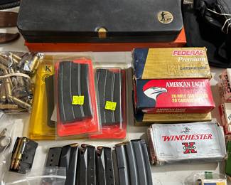 Here is a collection of gun supplies and ammo! Magazines, Gun Cleaning Kits, Holsters, Bullets of different calibers, shells, etc... THESE ARE NOT ON THE PREMISES AND WILL BE REMOVED EACH NIGHT OF THE SALE! THERE ARE NO FIREARMS OF ANY KIND AT THIS SALE!