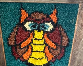 Greg Brady would love this! A vintage 1970s Latch Rug Owl! Framed!