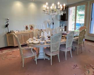 Karges Dining Table and Eight Dining Chairs. There are two additional leaves, table pads and Several Matching Folding Chairs