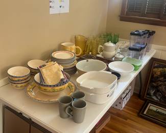 Dishes, bakeware, napkins, mugs, bowls, cups, pitcher, kettle, organizational containers, etc.