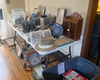 Hat, bag, books, decor, comic books, antiques, misc. items