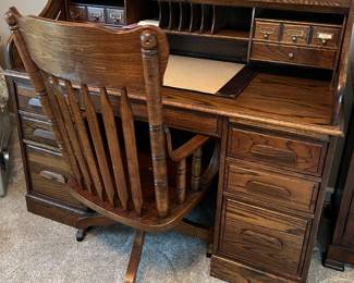 Vintage roll top desk and chair