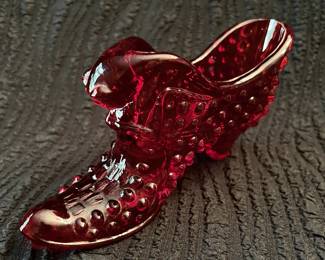 Fenton art glass ruby red hobnail shoe
