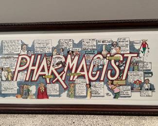 Framed "Pharmacist" cartoon print signed by Peter