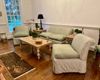 Settee and pair of side chairs, Pottery Barn coffee table and pair of side tables