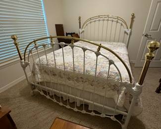 Queen wrought iron bed in two tone white and brass